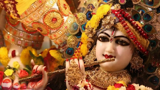 Idol of Lord Krishna Playing Flute Decorated in Shri Banke Bihari Ki Aarti Theme