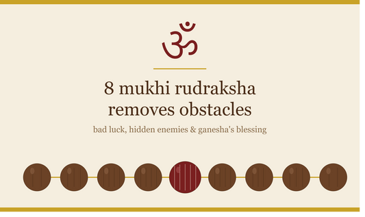 8 Mukhi Rudraksha removes obstacles bad luck banner with Om symbol and mala beads