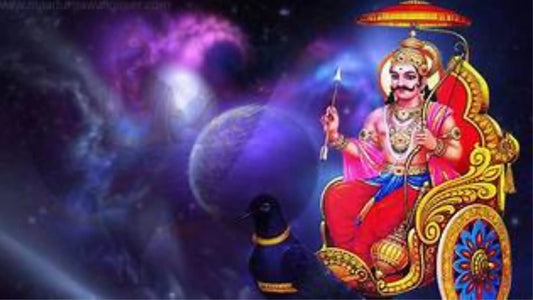 Vibrant illustration of Shani holding a spear, with cosmic background, highlighting Shaniwar Ki Aarti