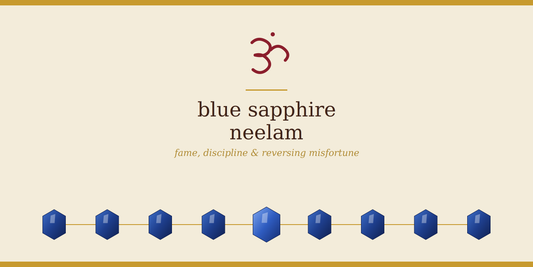 Blue Sapphire (Neelam) banner with Om symbol — fame, discipline and reversing misfortune