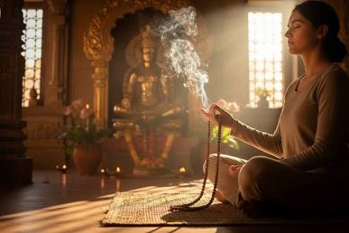 Serene meditation with Rudraksha beads for peace and focus