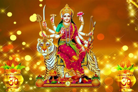 Illustration of Hindu goddess on tiger with spiritual symbols for Vindhyeshwari Mata Chalisa prayer
