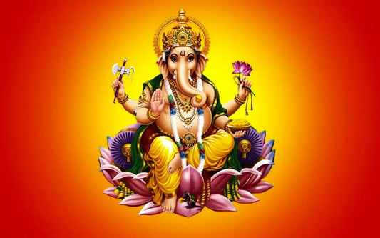 Colorful depiction of Lord Ganesha surrounded by lotus flowers representing Ganesha Ashtakam