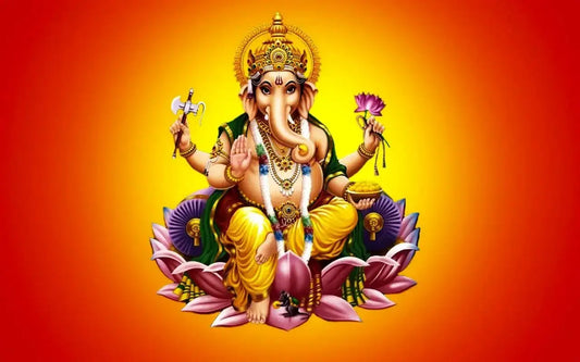 Colorful depiction of Lord Ganesha surrounded by lotus flowers representing Ganesha Ashtakam