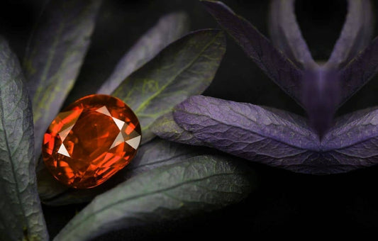 Close-up of a vibrant orange Gomed stone on green leaves showcasing the benefits of wearing Gomed stone