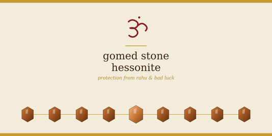 Gomed Stone (Hessonite) banner with Om symbol — protection from Rahu and bad luck