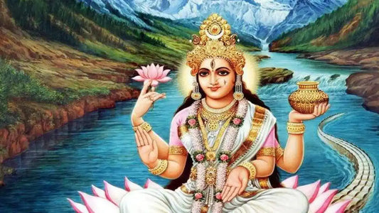Ganga Mata Stotram illustration depicting Goddess Ganga with lotus and pot by a river in a scenic landscape