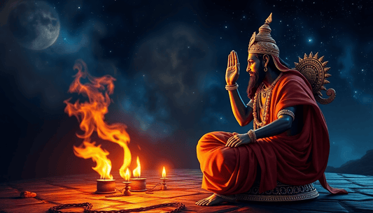 A spiritual depiction of Lord Shani performing a ritual, illustrating Shani Raksha Kavach benefits