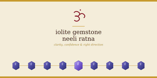 Iolite Gemstone (Neeli Ratna) banner with Om symbol — clarity, confidence and right directi