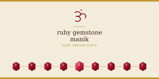 Ruby Gemstone (Manik) banner with Om symbol — health, willpower and fame