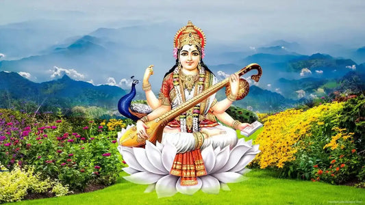 Saraswati Ashtakam with Goddess Saraswati seated on a lotus surrounded by vibrant flowers and mountains