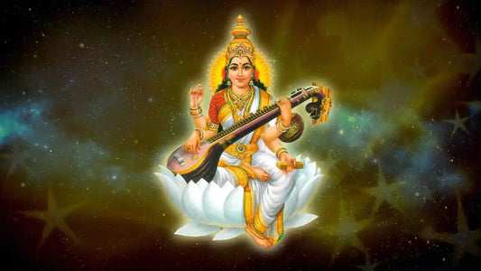 Goddess Saraswati Playing Veena on a Lotus Flower Illustrating Saraswati Stotram Themes