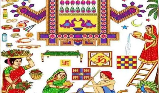 Colorful illustration of traditional motifs and symbols related to Shri Ahoi Mata Aarti