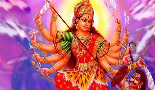 Vibrant depiction of Goddess Durga with multiple arms in the Shri Ambe Mata Aarti theme