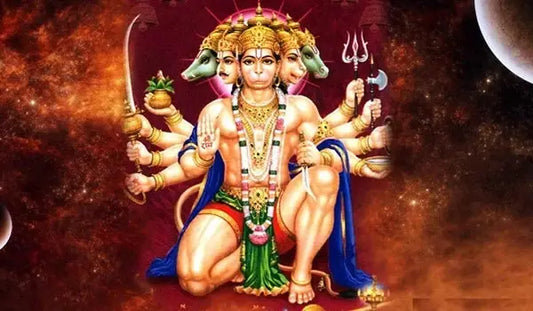 Vibrant depiction of Lord Hanuman performing the Shri Bajrang Baan in a cosmic background