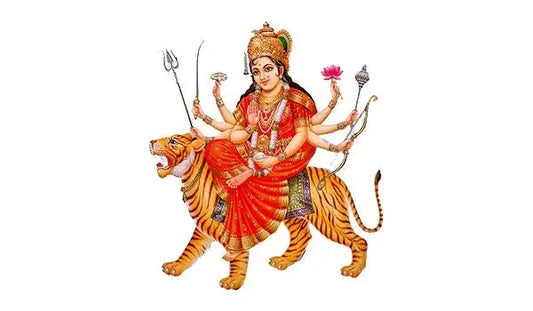 Colorful depiction of Goddess Durga riding a tiger with various symbols, representing Shri Durga Mata Chalisa