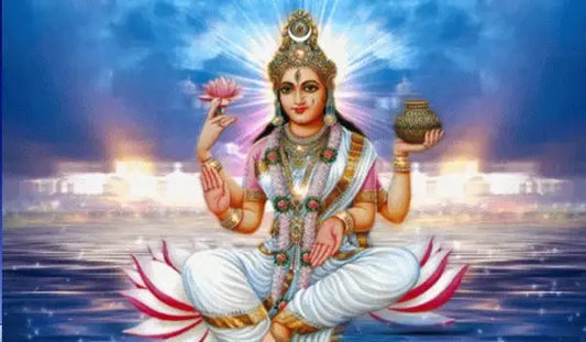 Divine depiction of Goddess Ganga holding lotus and pot, symbolizing Shri Ganga Mata Aarti