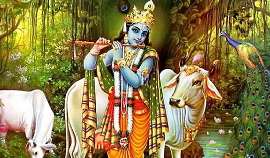 Colorful depiction of Shri Krishna playing the flute surrounded by cows and nature