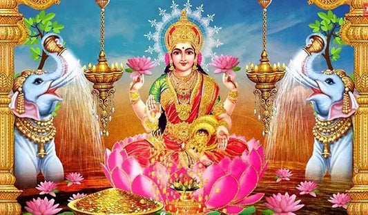 Maa Lakshmi Chalisa Illustration Featuring Goddess Lakshmi with Elephants and Lotus Flowers