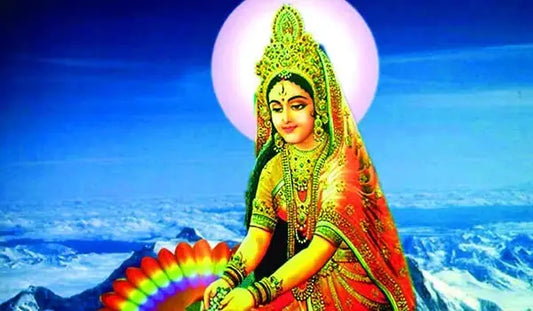 Vibrant depiction of Shri Parvati Mata Aarti with a serene mountain backdrop and colorful halo