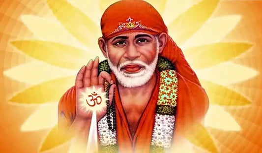 Shri Sai Chalisa artwork featuring a serene depiction of Sai Baba with spiritual symbols
