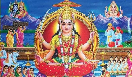 Illustration of a Hindu goddess surrounded by devotees and mountains representing Shri Santoshi Mata Chalisa