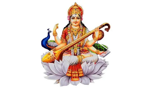 Shri Saraswati Mata Chalisa illustration featuring Goddess Saraswati with her veena on a lotus