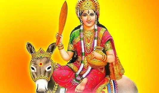 Artwork of Shri Shitala Mata seated on a cow holding a pot and a paddle, radiating positivity