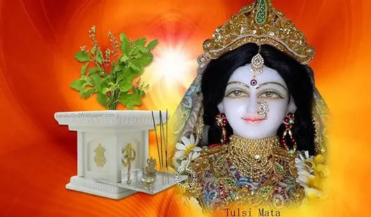 Beautiful depiction of Tulsi Mata with a sacred plant and altar featuring Tulsi Mata Chalisa elements