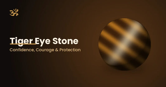 Tiger Eye stone banner with Om symbol — confidence, courage and protection gemstone