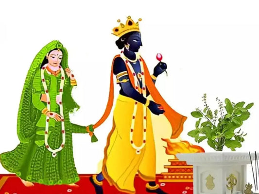 Artistic depiction of Shri Tulsi Stotram with deities in vibrant attire and a tulsi plant in the background