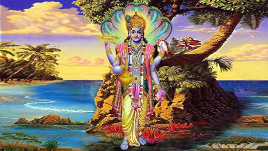 Vibrant illustration of Shri Lakshmi Narayana Ashtakam with tropical scenery in the background