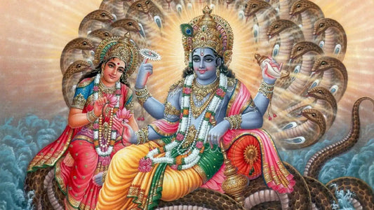 Illustration of Shri Vishnu Namashtakam featuring Lord Vishnu and Goddess Lakshmi surrounded by a mystical aura