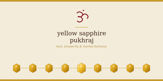 Yellow Sapphire (Pukhraj) banner with Om symbol — luck, prosperity and marital harmony