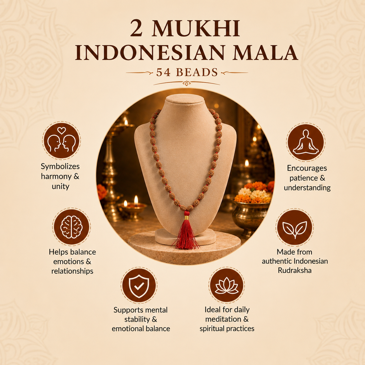 2 Mukhi Indonesian Rudraksha Bead Mala (GGTL Certified)