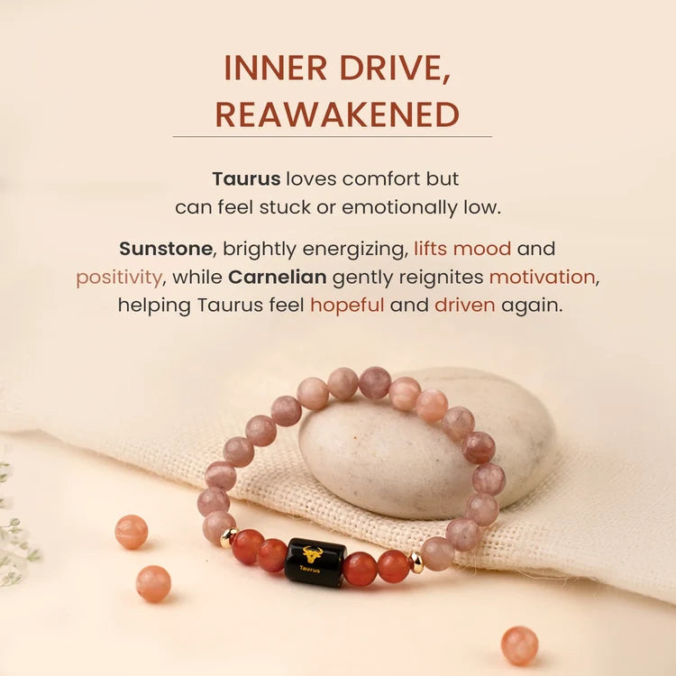 Taurus (Vrishabha Rashi) Zodiac Bracelet – Natural Sunstone & Carnelian