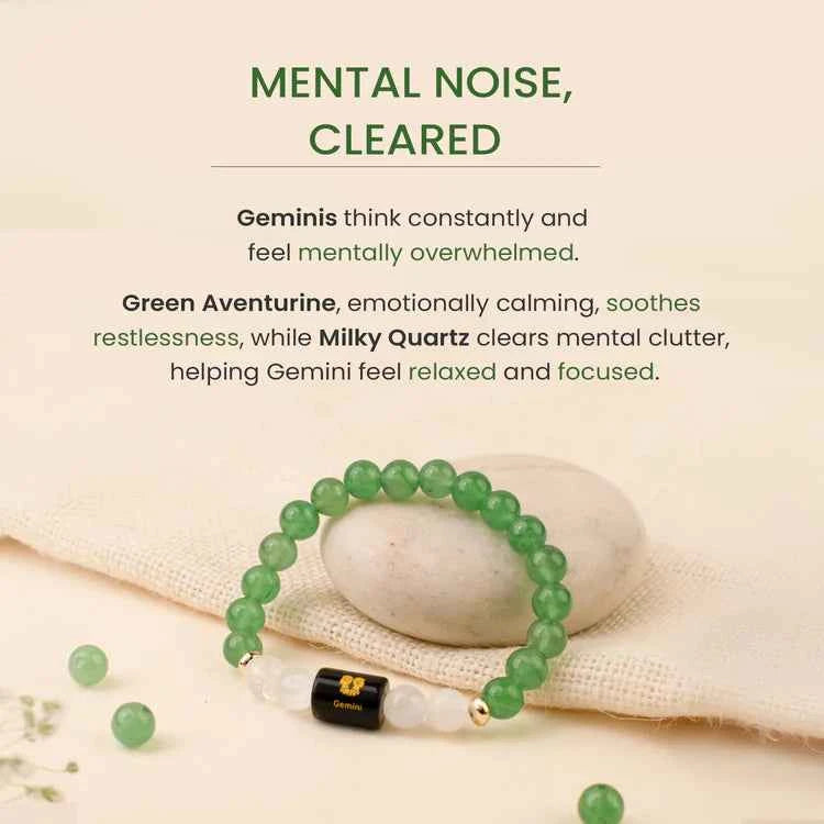 Gemini (Mithun Rashi) Zodiac Bracelet – Natural Green Aventurine & Milky Quartz