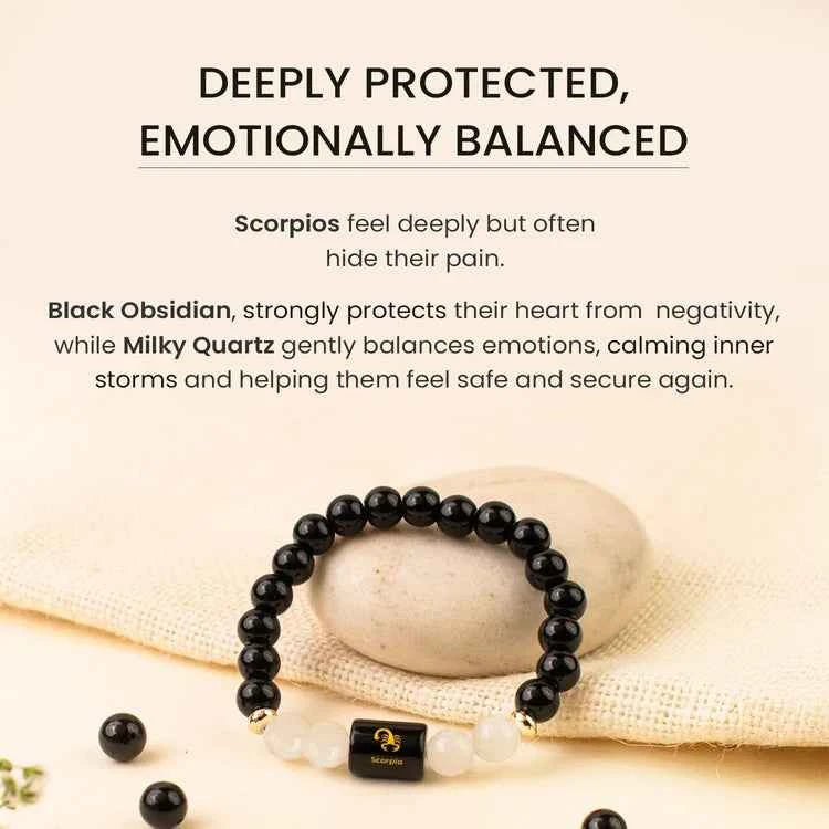 Scorpio (Vrishchik Rashi) Zodiac Bracelet – Natural Black Obsidian & Milky Quartz