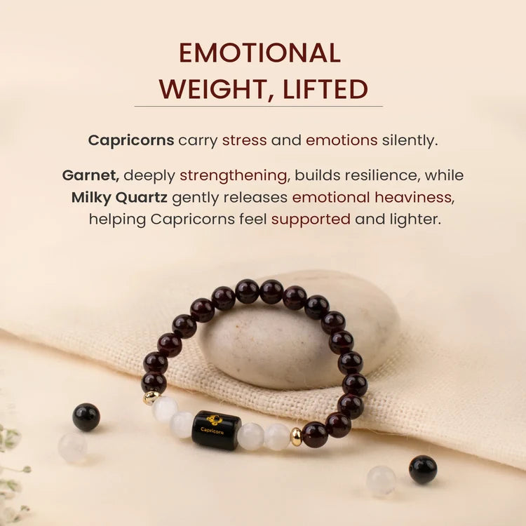Capricorn (Makar Rashi) Zodiac Bracelet – Natural Garnet & Milky Quartz