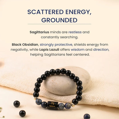 Sagittarius (Dhanu Rashi) Zodiac Bracelet – Natural Black Obsidian & Lapis Lazuli
