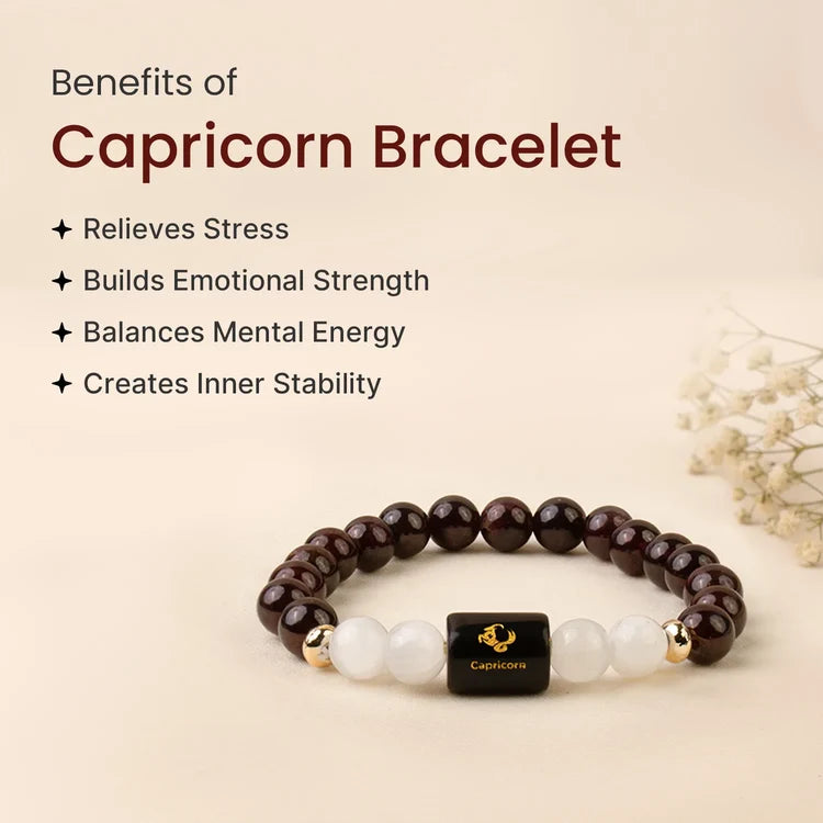 Capricorn (Makar Rashi) Zodiac Bracelet – Natural Garnet & Milky Quartz