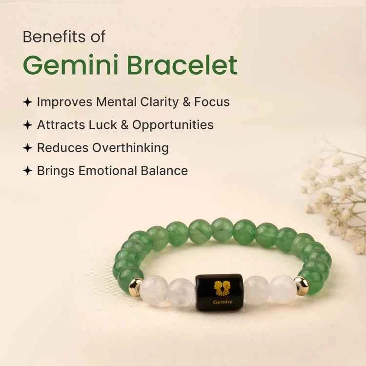 Gemini (Mithun Rashi) Zodiac Bracelet – Natural Green Aventurine & Milky Quartz
