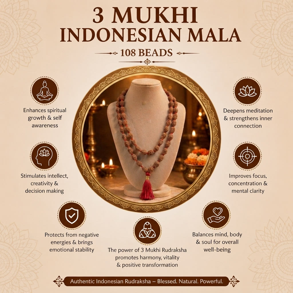 3 Mukhi Indonesian Rudraksha Beaded Mala