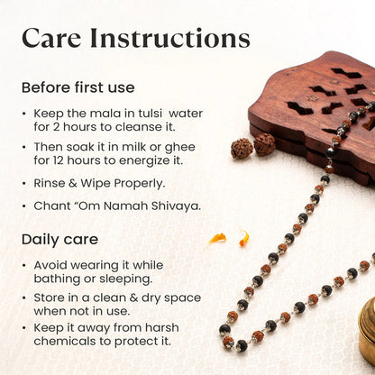 सिल्वर कैपिंग के साथ रुद्राक्ष और करुंगली माला