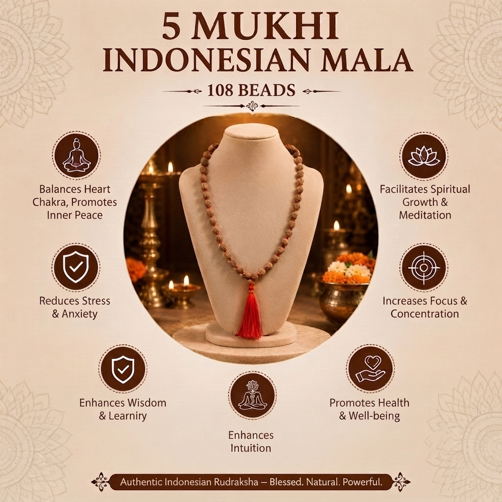 5 Mukhi Indonesian Rudraksha 108 Bead Mala