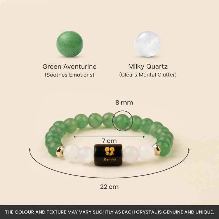 Gemini (Mithun Rashi) Zodiac Bracelet – Natural Green Aventurine & Milky Quartz