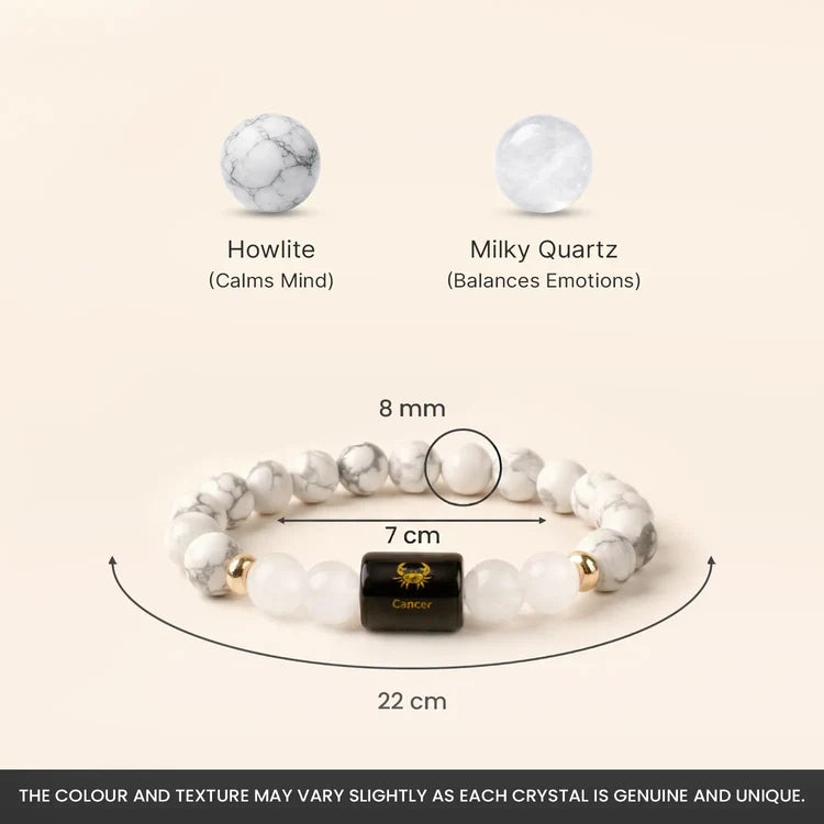 Cancer (Karka Rashi) Zodiac Bracelet – Natural Howlite & Milky Quartz