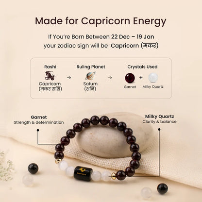 Capricorn (Makar Rashi) Zodiac Bracelet – Natural Garnet & Milky Quartz