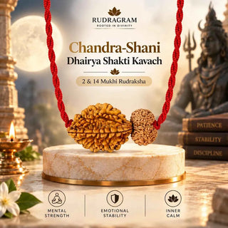 Chandra-Shani Dhairya Shakti Kavach – 2 Mukhi (South Indian) & 14 Mukhi (Nepali) Rudraksha