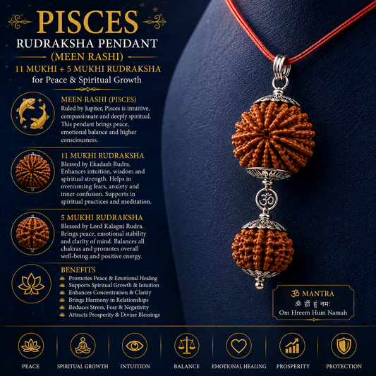 A Pisces Rudraksha pendant necklace displayed on a dark navy textured background with detailed spiritual text, icons, and mantras. The pendant features two brown textured rudraksha beads connected by silver-toned metal spacers and a red cord.